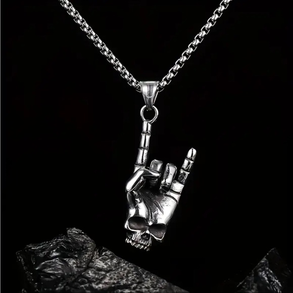 Skull hand sign pendant silver plated necklace faux fashion jewelry‎ - Picture 2 of 11
